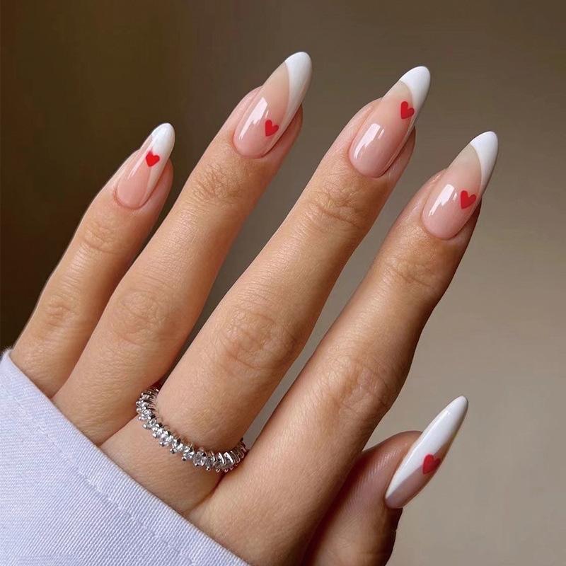 ( Buy 1 Get 2 ) Valentine Day Women Small Fresh White Border Red Little Heart Wearable False Nails