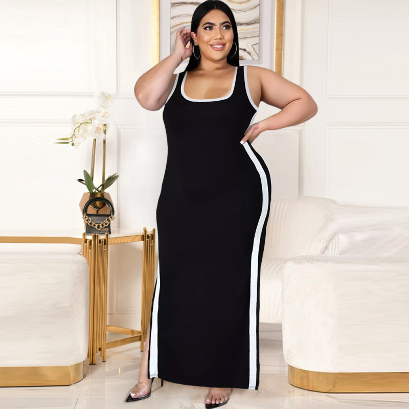 Women Casual Summer Plus Size Color Contrast Side-Slit Stripe Maxi Dress