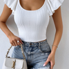 Petal Sleeve Fashion Solid Color Women Round Neck Basic Rib-Knit Top