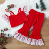 Christmas Children Kids Toddler Girls Sweet Lace Ruffle Sleeves Tops And Flared Pants 2pcs Set