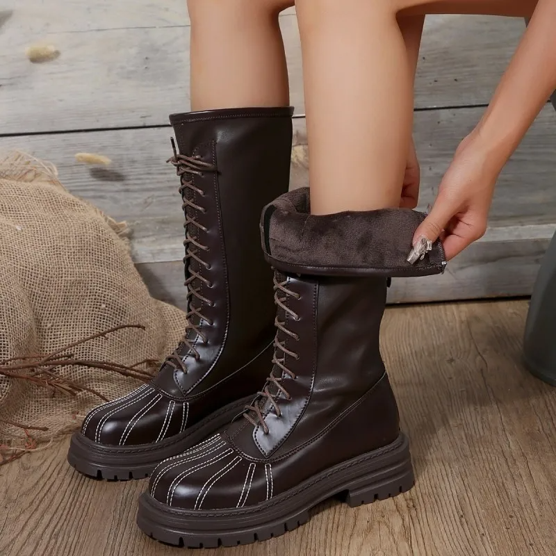 Women Fashion Plus Size British Style Warm Fleece-Lined Round Toe Strap Thick-Soled High Boots