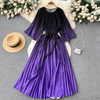 Women Casual Elegant Retro Loose Round Neck Cropped Sleeve Creased Lace-Up Gradient Color Pleated Dress