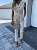 Women Solid Lapel Button Waist Sleeveless Jumpsuit