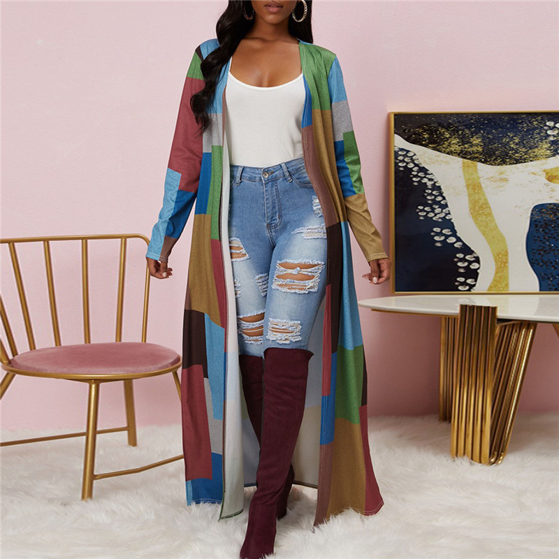 Women Fashion Contrast Color Plaid Print Long Sleeve Cardigan Coat