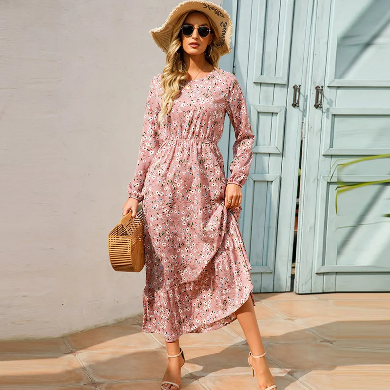 (Buy 1 Get 1) Women Ramadan /Eid Fashion Casual Floral Print Round Neck Long Sleeve Maxi Dress