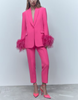 Women Fashion Solid Color Cuff Feather Trim Suit And Pants Two-Piece Set