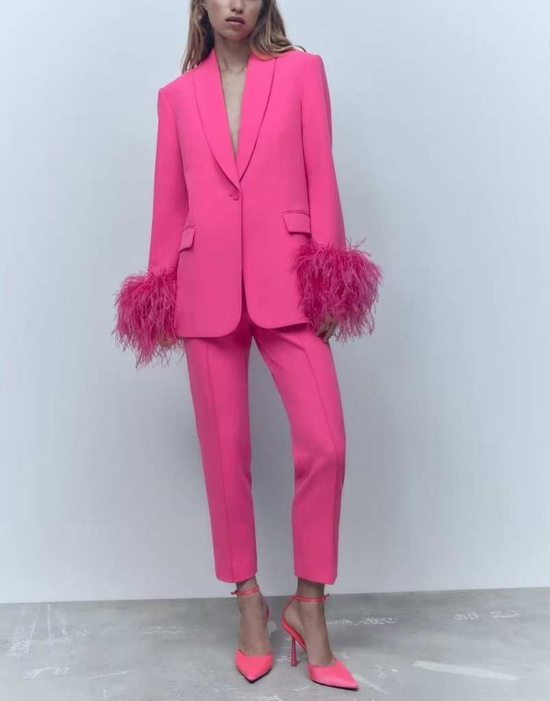 Women Fashion Solid Color Cuff Feather Trim Suit And Pants Two-Piece Set