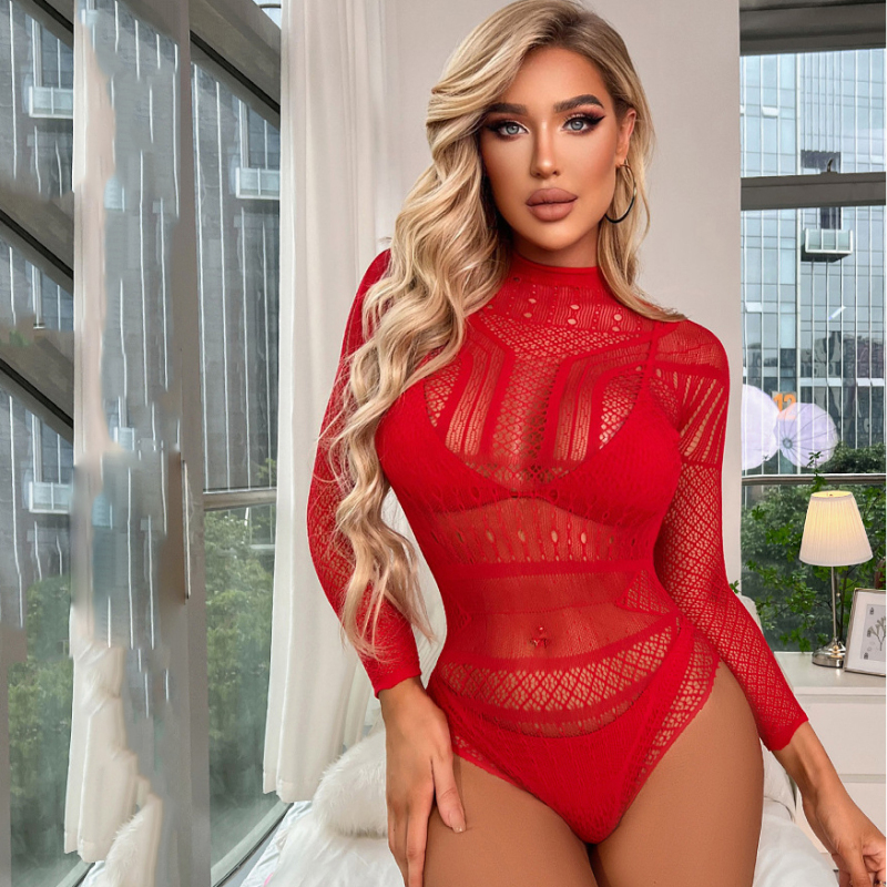 2 Pieces Women'S Fashion See-Through Hollow Long Sleeve One-Piece Sexy Underwear