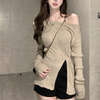 Women Fashion Edgy Solid Color Off-Shoulder Long Sleeve Slit Top