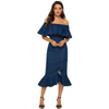 2 Pieces Women Fashion Off-The-Shoulder Irregular Hem Flounced Design Bodycon Denim Fish Tail Skirt