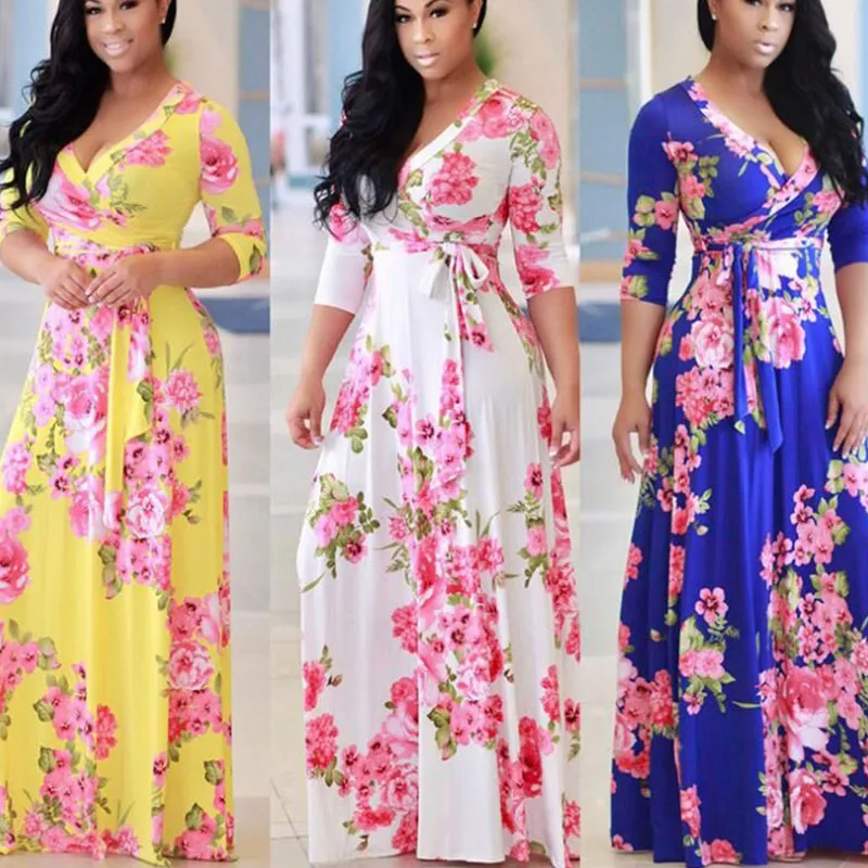 Ramadan /Eid Women Casual V-Neck Long-Sleeve Lace-Up Flower Print Maxi Swing Dress