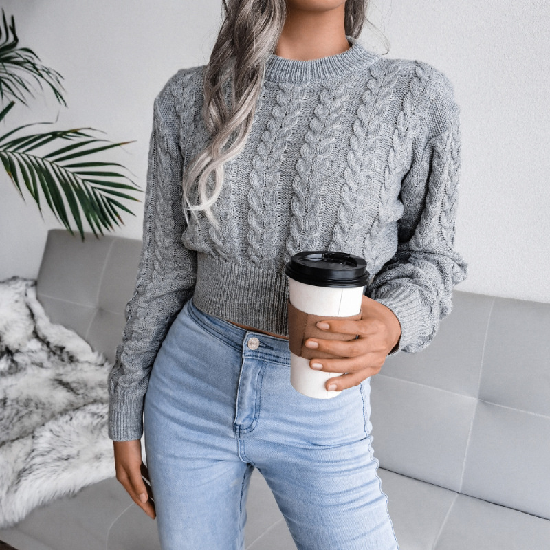 Fashion Casual Autumn Winter Solid Color Braided Long Sleeve Cropped Knitted Sweater