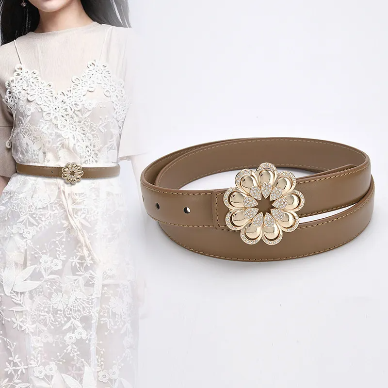 Women'S Casual Fashion Rhinestone Flower Alloy Pin Buckle Leather Belt