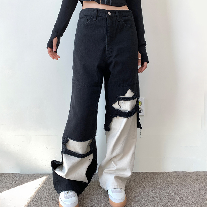 Women Fashion Casual Color Blocking Stitching Ripped Denim Pants