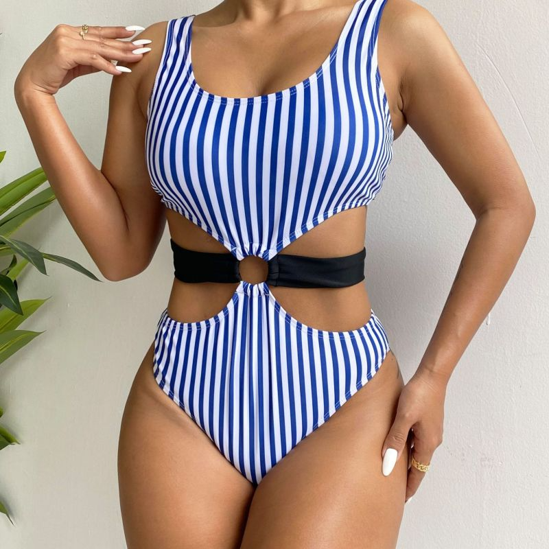 Fashion Vertical Stripe Print Sexy Women One-Piece Swimsuit