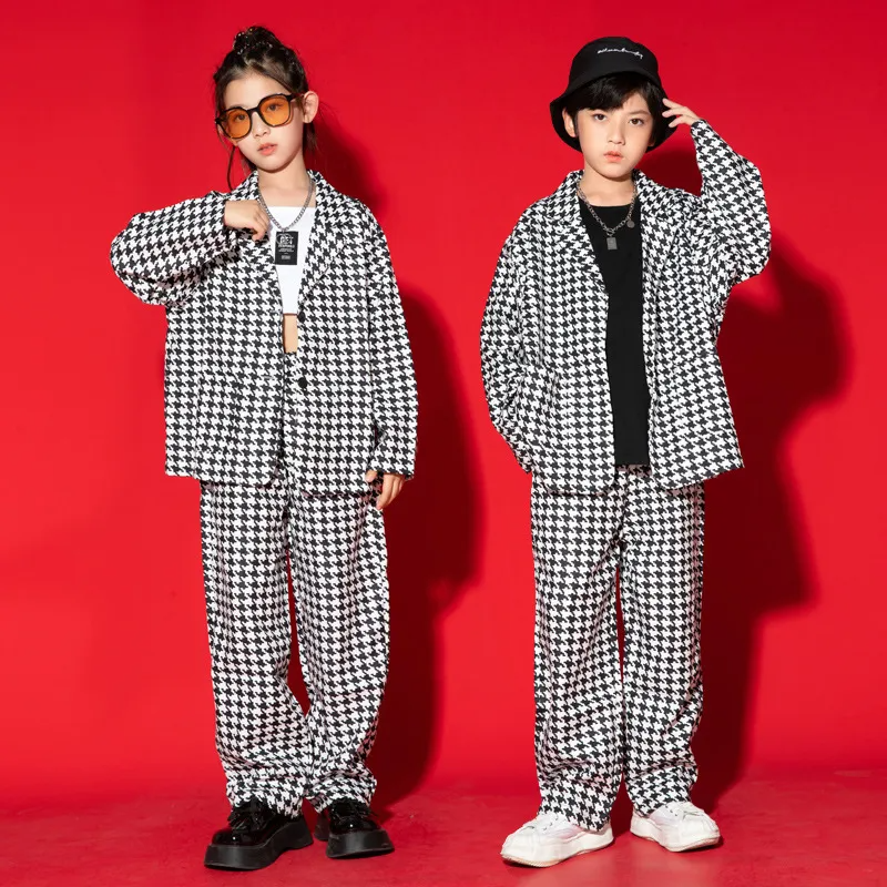 (Buy 1 Get 1) Kids Toddler Big Boys Girls Fashion Casual Houndstooth Tank Top Long Sleeve Lapel Coat Trousers 3 Piece Set