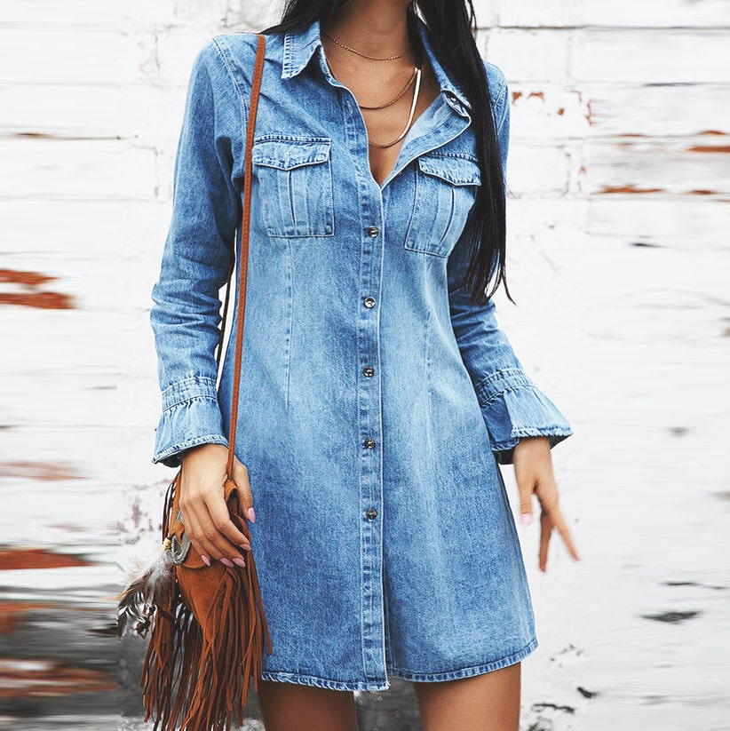 Women Sexy Autumn Casual Solid Color Lapel Single-Breasted Long Sleeve Denim Dress