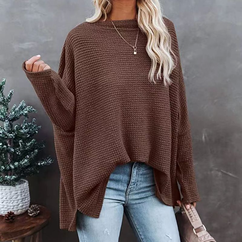 Women'S Casual Off Shoulder Dolman Long Sleeve Waffle Knit Oversized Pullover Tops