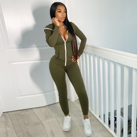 Women Pure Color Zipper Hooded Sports Fitness Jumpsuits