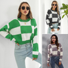 Women Simple Long Sleeve Plaid Jacquard Loose Knit Sweater