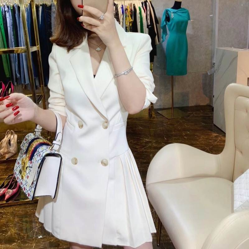 Women Fashion Pleated Double-Breasted Long Sleeve White Blazer Dress