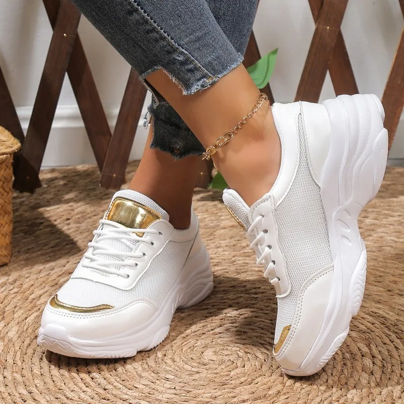 Women Fashion Plus Size Mesh Breathable Lace-Up Round-Toe Sneakers