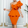 Women Fashion Sexy Elegant Solid Color Sleeveless Ruffled Slanted Shoulder Dress