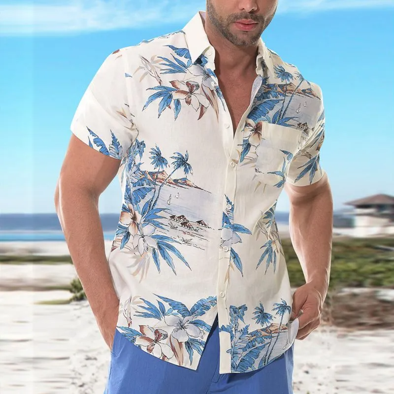 Men Casual Simple Landscape Print Lapel Short Sleeve Loose Shirt