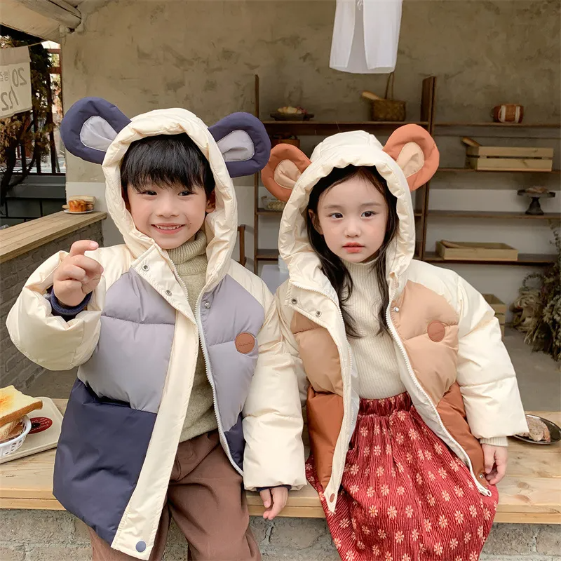 Kids Toddler Girls Boys Autumn Winter Fashion Casual Cute Color Matching Cartoon Bear Ears Zipper Padded Coat