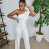 Women Solid Color One-Shoulder Waist Fashion Wide-Leg Jumpsuit