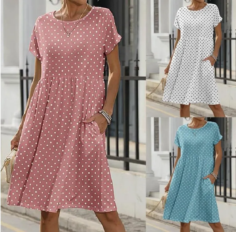 Summer Women Fashion Casual Polka Dot Print Round Neck Short Sleeve Pocket Dress