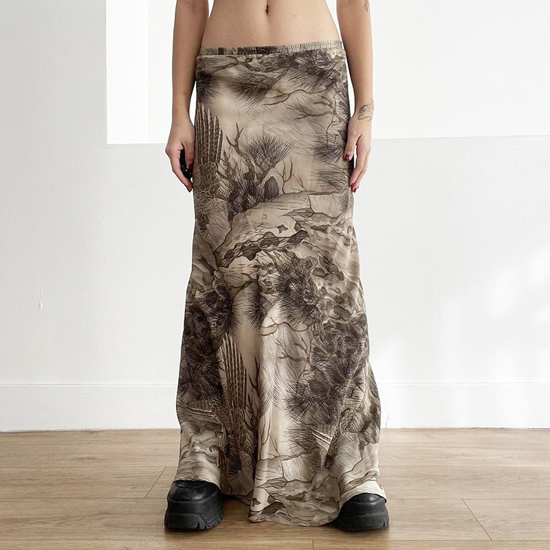 Women'S Fashion Vintage Printing Low Waist Loose Long Skirt