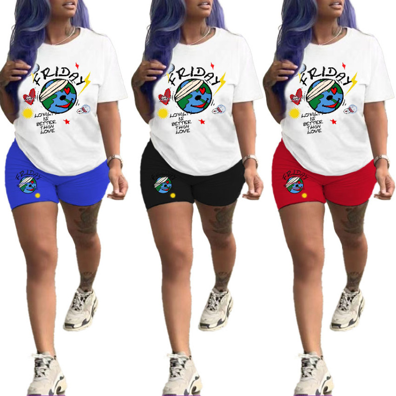 Casual Women Letter Earth Printed Short Sleeve T-Shirt Tight Shorts Casual Two-Piece Set