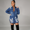 Women Fashion Personality Ripped Single Breasted Long Sleeve Denim Jacket