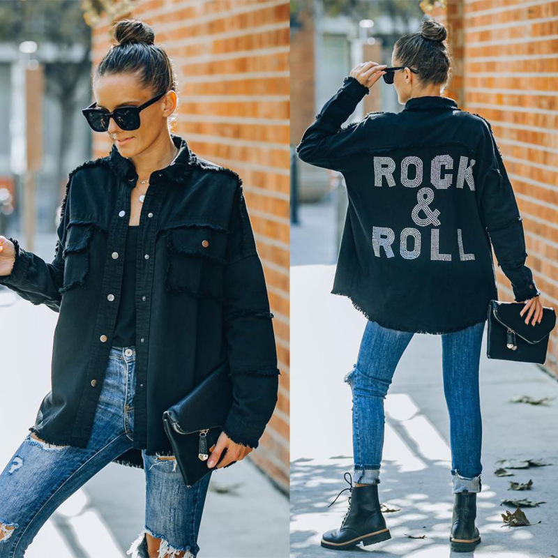 Women Fashion Casual Punk Vintage Letter Pattern Washed Loose Black Denim Jacket