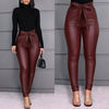 Women Fashion Solid Color High Waist Sash PU Leather Pants