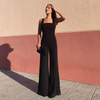 Women Solid Color Wide Leg Pants Straight Mid Waist Backless Jumpsuit