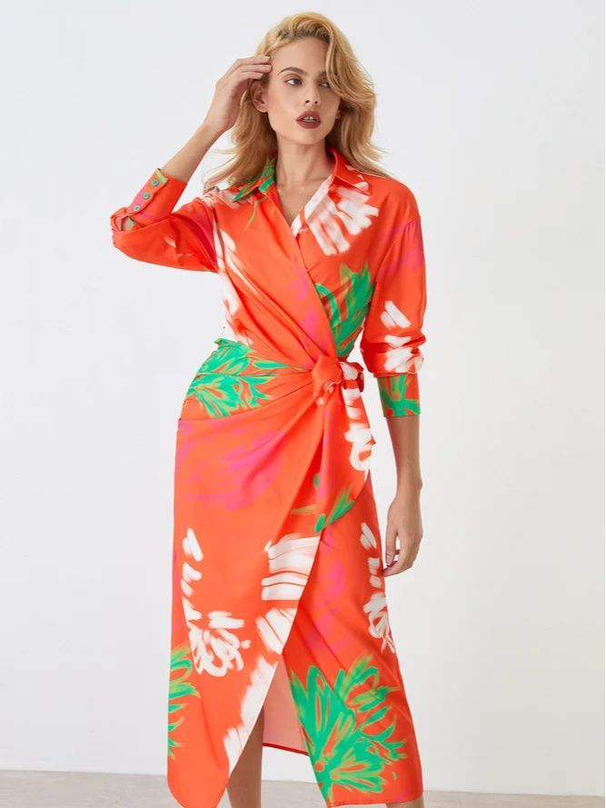 Women Fashion V-Neck Printed Long-Sleeved Irregular Dress