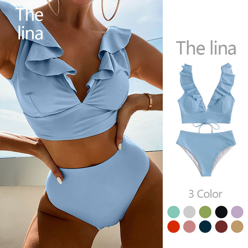 Women'S Sexy Solid Color Pleated Lace Double Strap Button Up Swimsuit Two-Piece Set