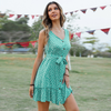 Women Fasion Casual Vacation Stone Print Ruffled Lace-Up Defined Waist Sleeveless Dress