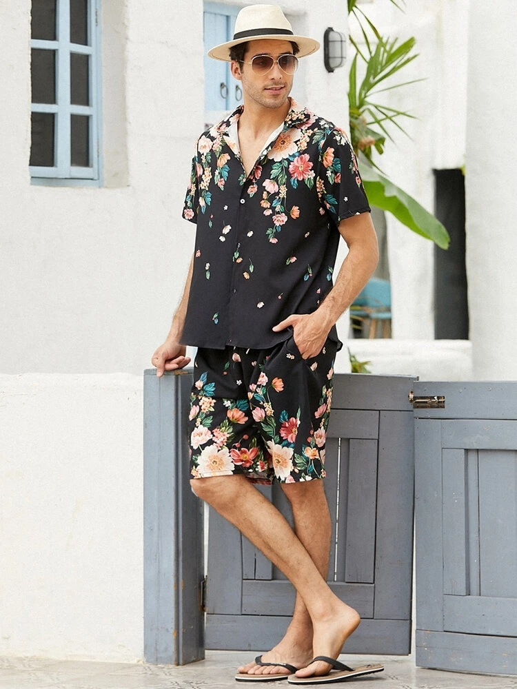 Men'S Casual Short Sleeve Floral Print Loose Beach Shirt And Pants Two-Piece Set