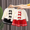 (Buy 1 Get 1 ) Kids Toddler Girls Autumn Winter Fashion Casual Simple Solid Color Bow Sweater Pleated Skirt Set