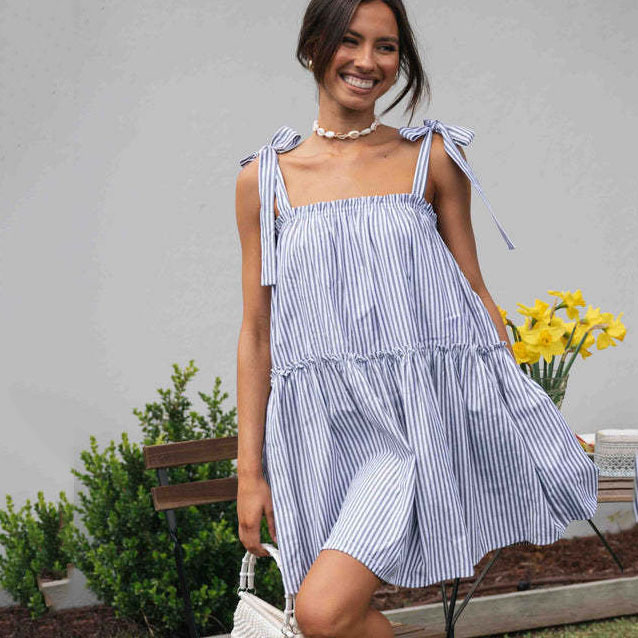 Women Fashion Casual Stripe Sleeveless Lace-Up Dress