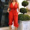 Women Fashion V-Neck Backless Solid Color Halter Jumpsuits