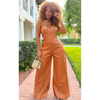 Women Solid Color Pu Sling Waist Casual Wide-Leg Jumpsuit