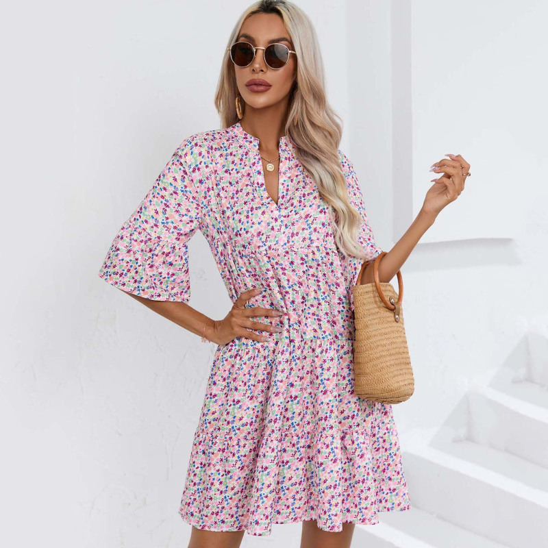 Women Fashion Casual Tiny Flower Printing V-Neck Loose Dress