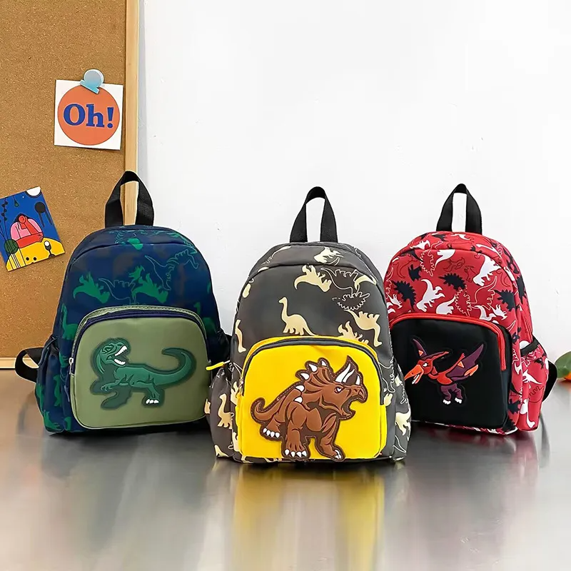 (Buy 1 Get 2) Kids Boys Girls Fashion Casual Cute Color Block Cartoon Dinosaur Pattern Oxford Cloth Backpacks Bags