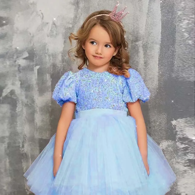 Toddler Girls Casual Cute Party Sequins Mesh Puff Sleeve Round Neck Tutu Princess Dress