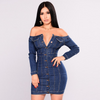 2 Pieces  Women Sexy Off-The-Shoulder Long-Sleeve Single-Breasted Design Bodycon Denim Dress