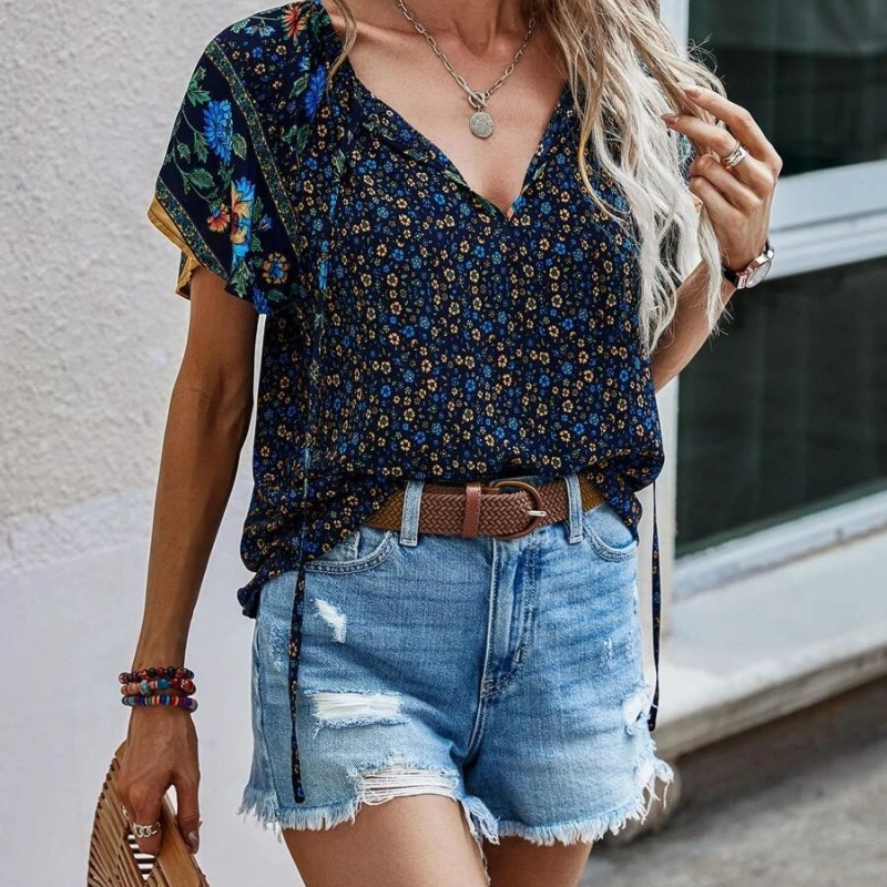 Fashion Women Summer Casual Boho Floral Printed V-Neck Short-Sleeved Loose Blouse